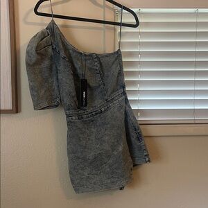 Fashion Nova Gray Denim Off-Shoulder Romper